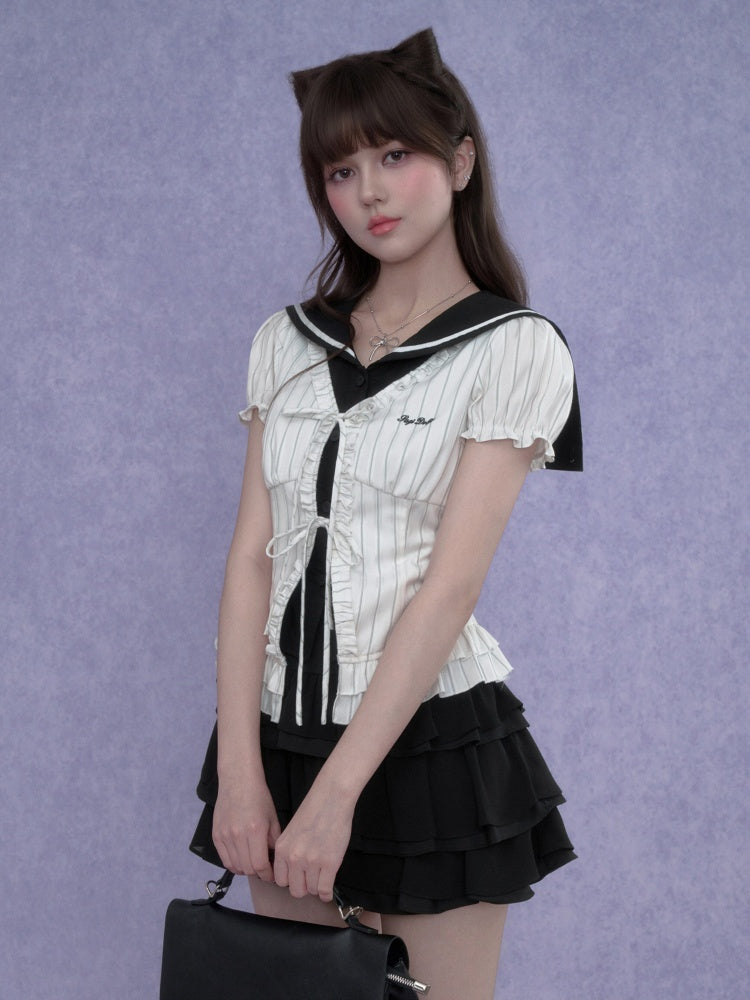 Sailor Collar Striped Faux Layered Puff Sleeves Blouse【s0000017109】