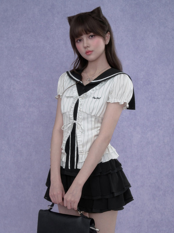 Sailor Collar Striped Faux Layered Puff Sleeves Blouse【s0000017109】