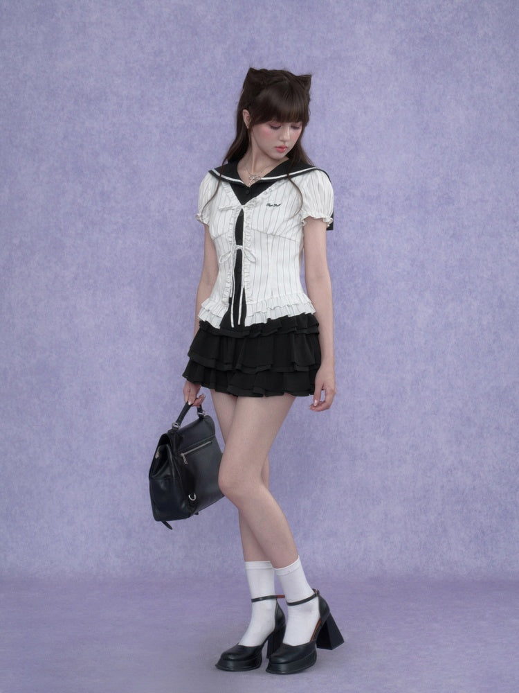 Sailor Collar Striped Faux Layered Puff Sleeves Blouse【s0000017109】