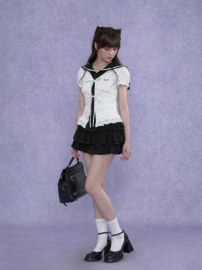 Sailor Collar Striped Faux Layered Puff Sleeves Blouse【s0000017109】