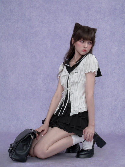 Sailor Collar Striped Faux Layered Puff Sleeves Blouse【s0000017109】