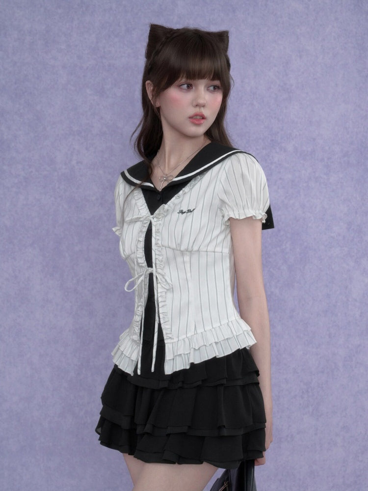 Sailor Collar Striped Faux Layered Puff Sleeves Blouse【s0000017109】