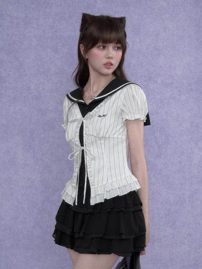 Sailor Collar Striped Faux Layered Puff Sleeves Blouse【s0000017109】