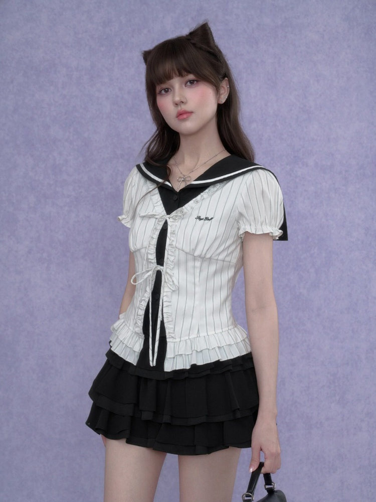 Sailor Collar Striped Faux Layered Puff Sleeves Blouse【s0000017109】