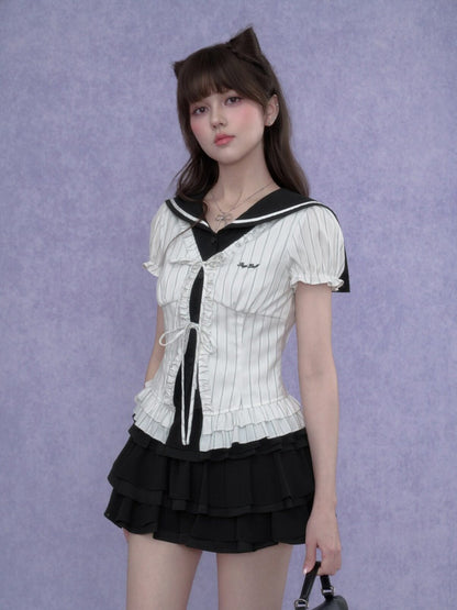 Sailor Collar Striped Faux Layered Puff Sleeves Blouse【s0000017109】