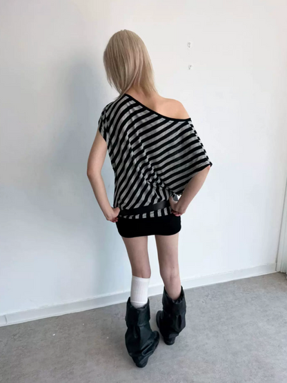 Striped Off-Shoulder Loose Dolman-Sleeve Gold Foil Print T-Shirt【s0000017164】