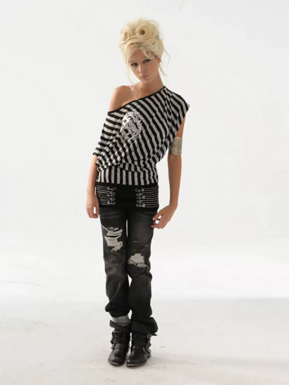 Striped Off-Shoulder Loose Dolman-Sleeve Gold Foil Print T-Shirt【s0000017164】