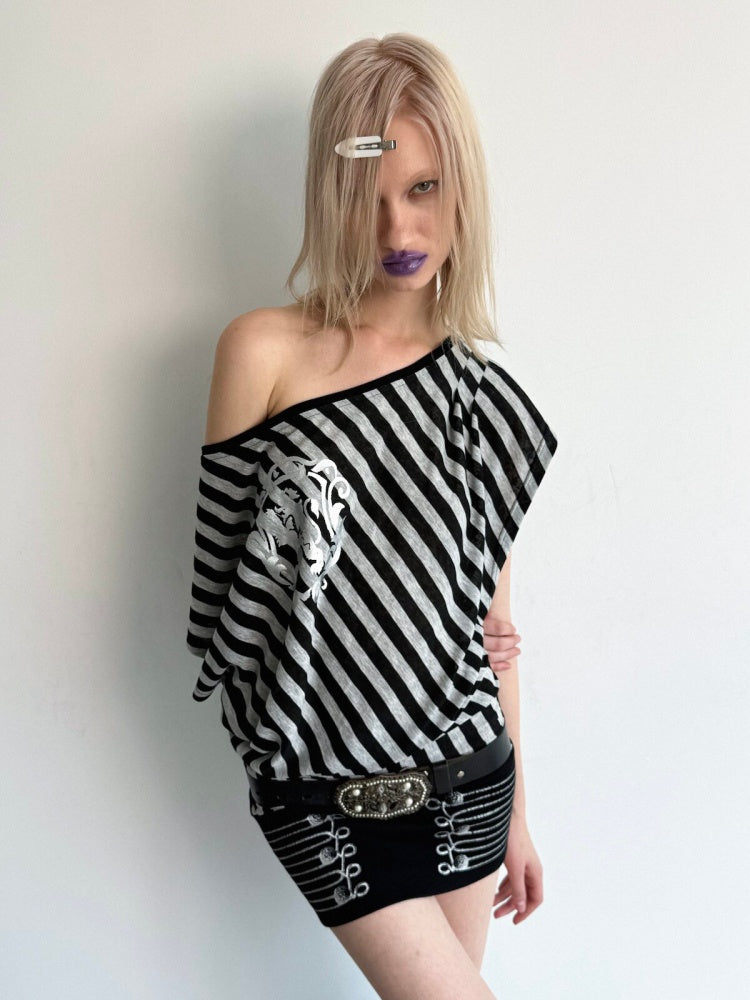 Striped Off-Shoulder Loose Dolman-Sleeve Gold Foil Print T-Shirt【s0000017164】