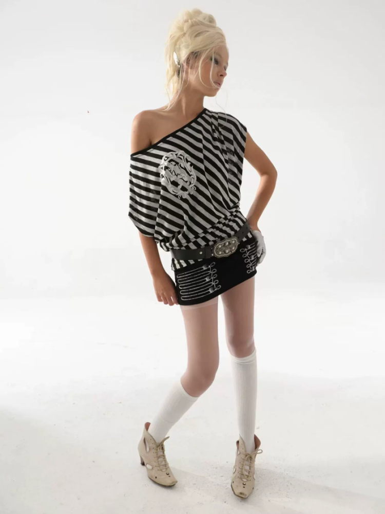 Striped Off-Shoulder Loose Dolman-Sleeve Gold Foil Print T-Shirt【s0000017164】