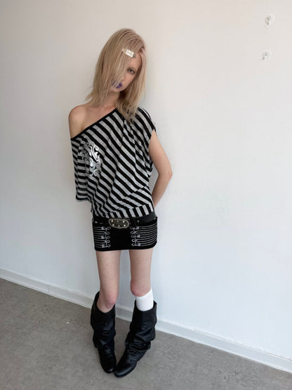 Striped Off-Shoulder Loose Dolman-Sleeve Gold Foil Print T-Shirt【s0000017164】