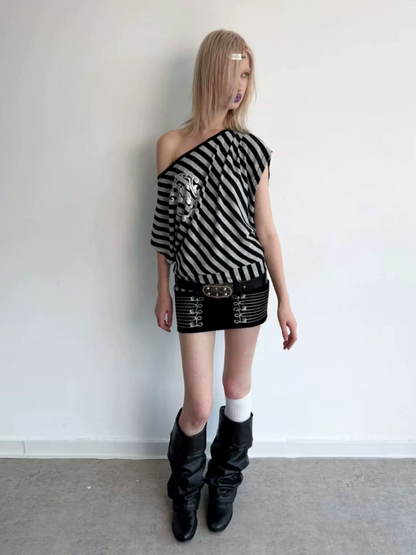 Striped Off-Shoulder Loose Dolman-Sleeve Gold Foil Print T-Shirt【s0000017164】