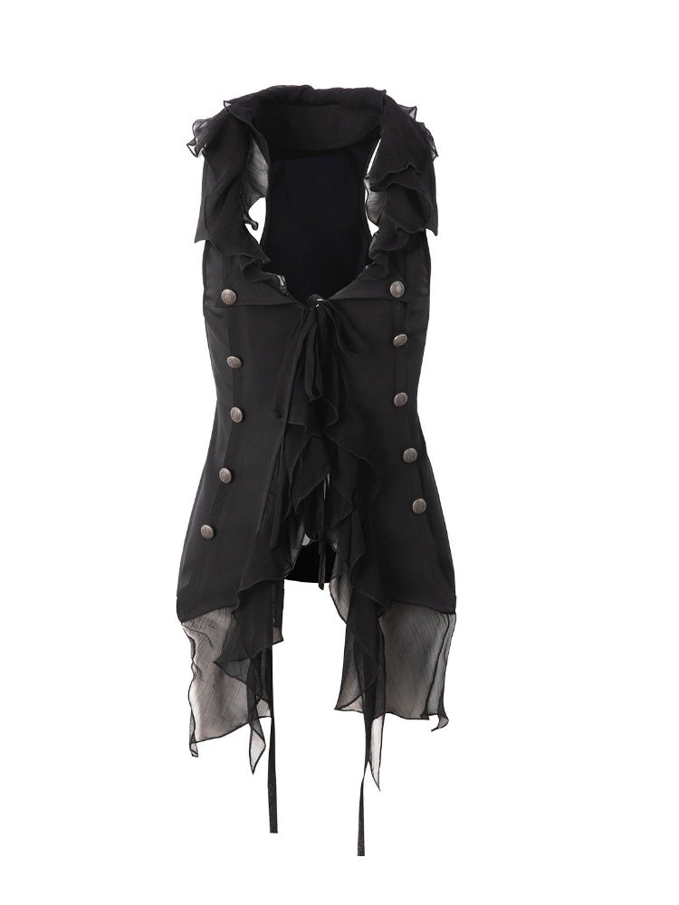 Patchwork Chiffon Jellyfish Ruffle Slim-Fit Vintage Suit Vest【s0000017165】
