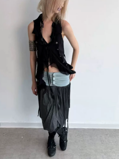 Patchwork Chiffon Jellyfish Ruffle Slim-Fit Vintage Suit Vest【s0000017165】