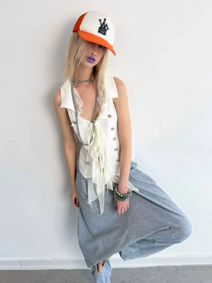 Patchwork Chiffon Jellyfish Ruffle Slim-Fit Vintage Suit Vest【s0000017165】