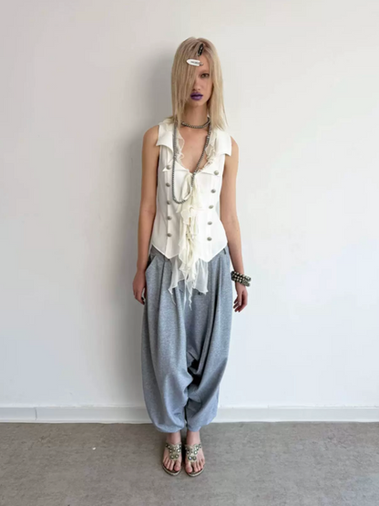 Patchwork Chiffon Jellyfish Ruffle Slim-Fit Vintage Suit Vest【s0000017165】