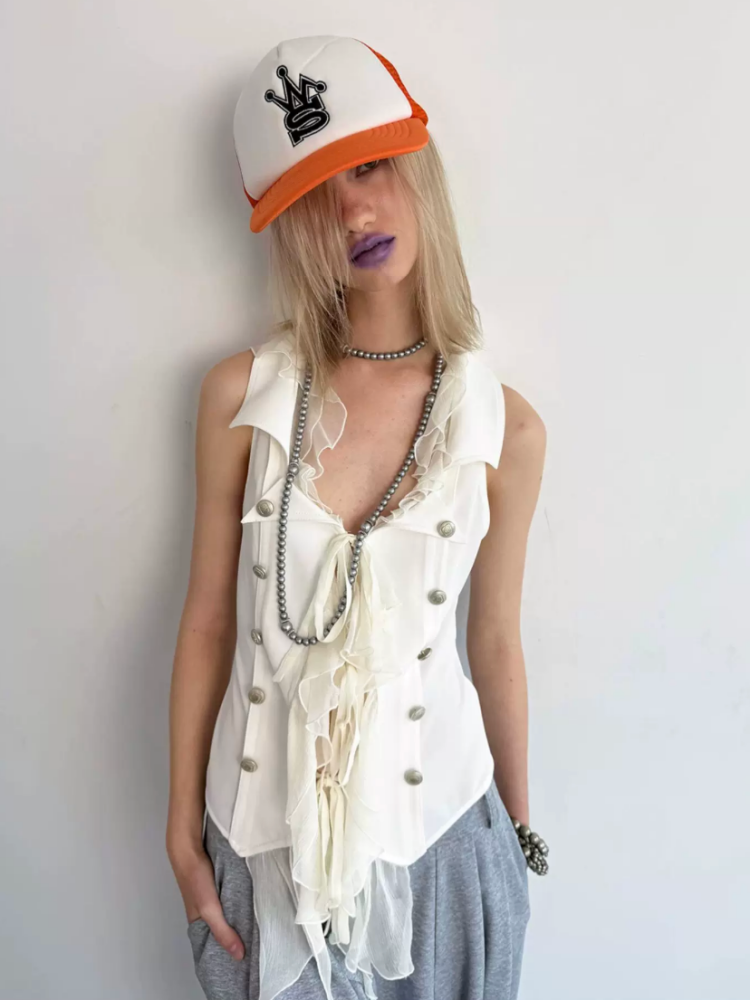 Patchwork Chiffon Jellyfish Ruffle Slim-Fit Vintage Suit Vest【s0000017165】