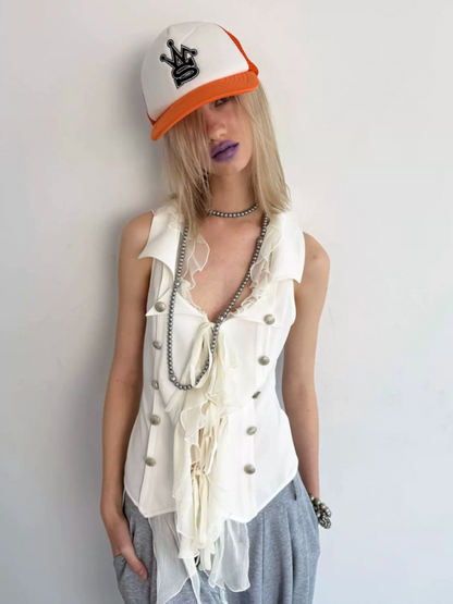 Patchwork Chiffon Jellyfish Ruffle Slim-Fit Vintage Suit Vest【s0000017165】