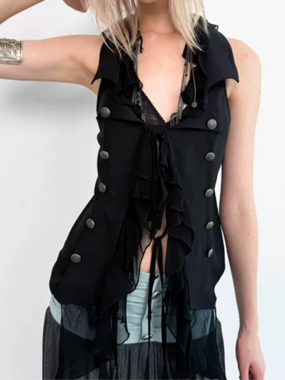Patchwork Chiffon Jellyfish Ruffle Slim-Fit Vintage Suit Vest【s0000017165】