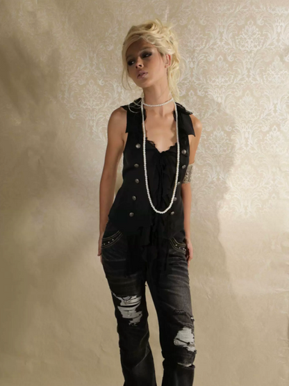 Patchwork Chiffon Jellyfish Ruffle Slim-Fit Vintage Suit Vest【s0000017165】