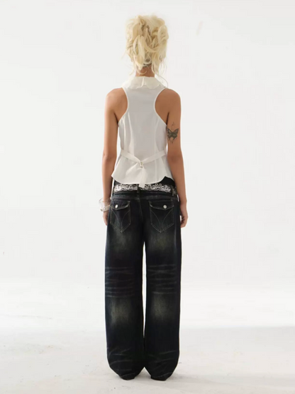 Patchwork Chiffon Jellyfish Ruffle Slim-Fit Vintage Suit Vest【s0000017165】