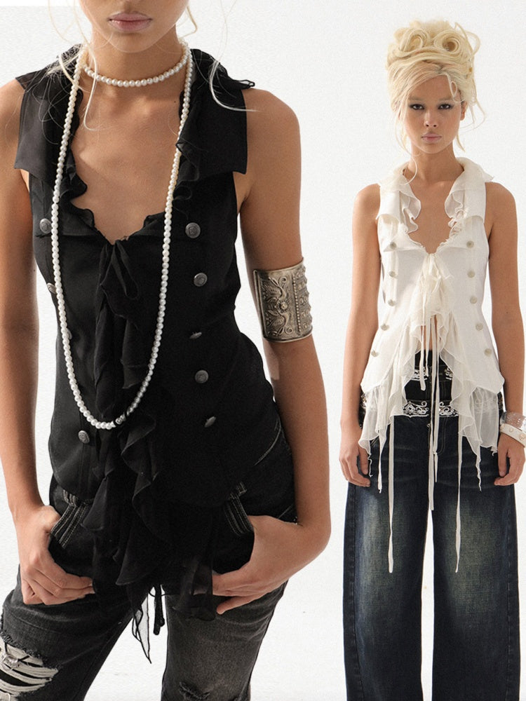 Patchwork Chiffon Jellyfish Ruffle Slim-Fit Vintage Suit Vest【s0000017165】