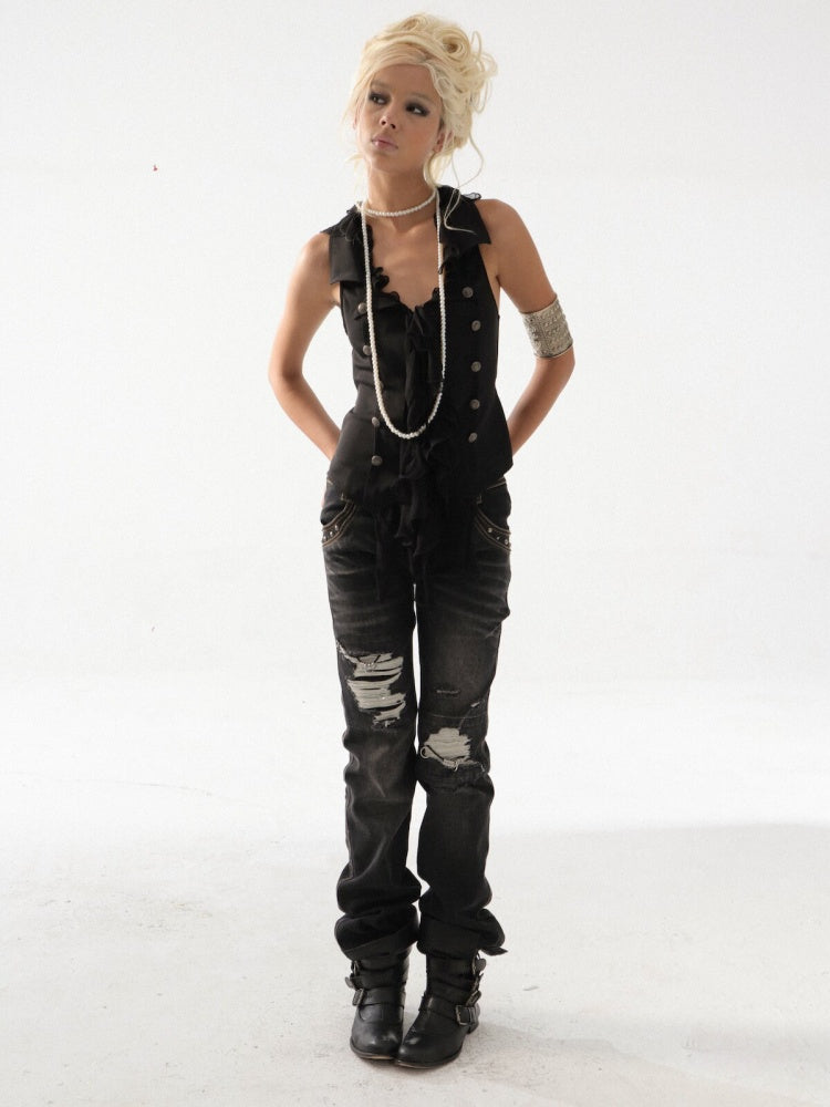 Patchwork Chiffon Jellyfish Ruffle Slim-Fit Vintage Suit Vest【s0000017165】