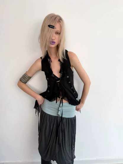 Patchwork Chiffon Jellyfish Ruffle Slim-Fit Vintage Suit Vest【s0000017165】