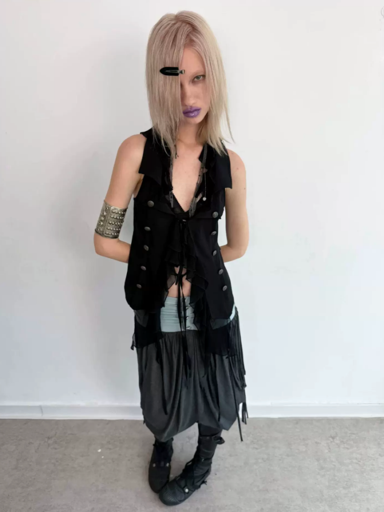 Patchwork Chiffon Jellyfish Ruffle Slim-Fit Vintage Suit Vest【s0000017165】