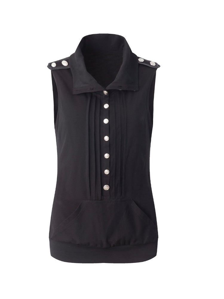 High Neck 2way Metal Buckle Epaulettes Sleeveless Sweatshirt【s0000017166】