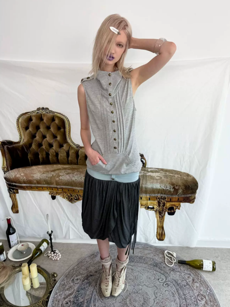 High Neck 2way Metal Buckle Epaulettes Sleeveless Sweatshirt【s0000017166】