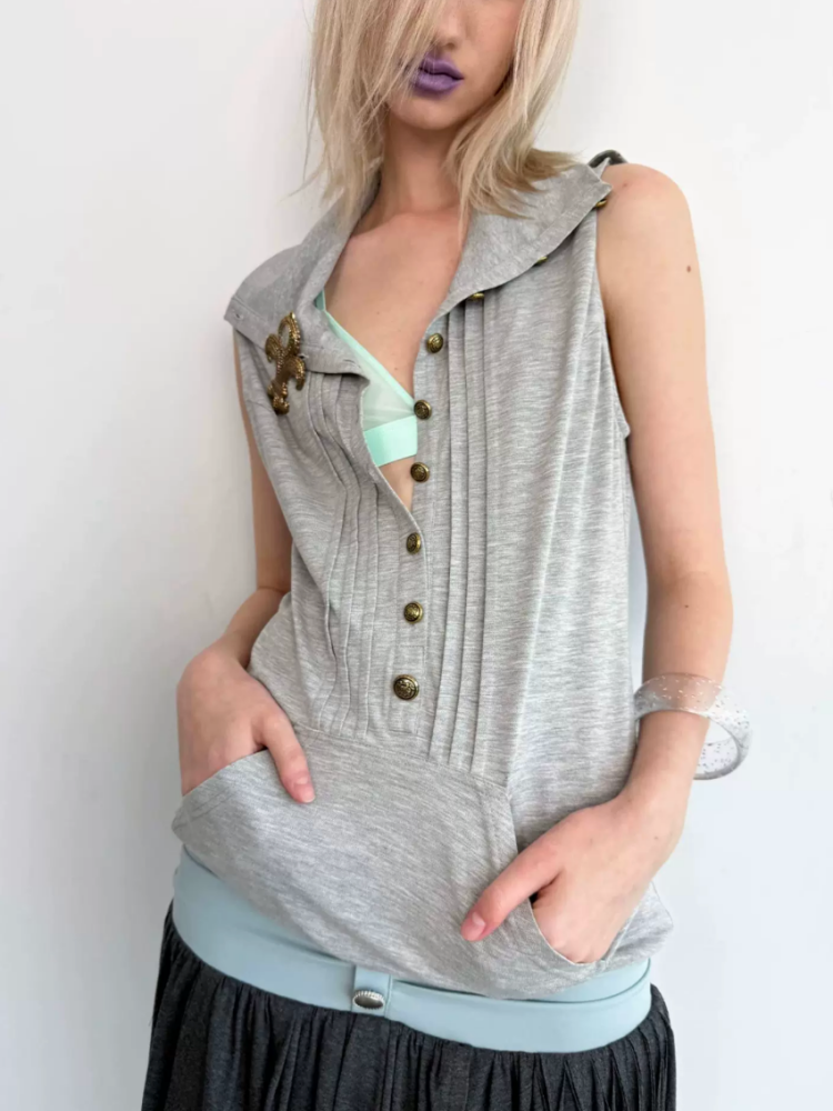 High Neck 2way Metal Buckle Epaulettes Sleeveless Sweatshirt【s0000017166】