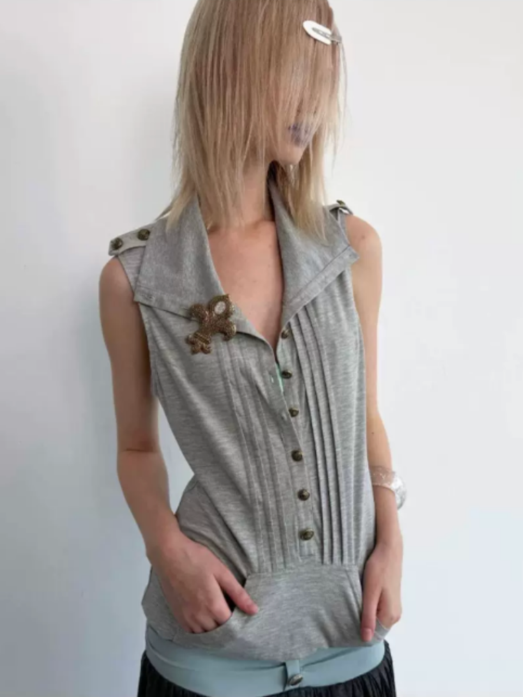 High Neck 2way Metal Buckle Epaulettes Sleeveless Sweatshirt【s0000017166】
