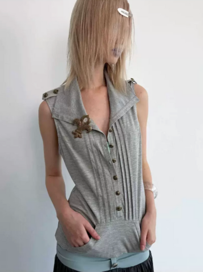 High Neck 2way Metal Buckle Epaulettes Sleeveless Sweatshirt【s0000017166】