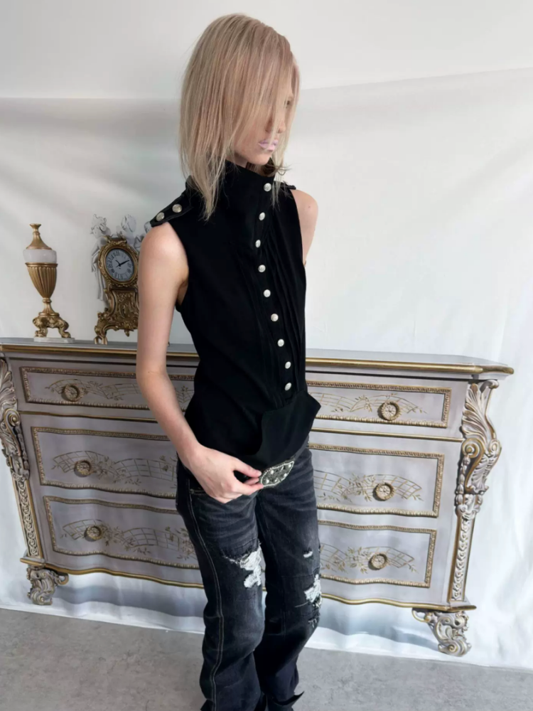 High Neck 2way Metal Buckle Epaulettes Sleeveless Sweatshirt【s0000017166】