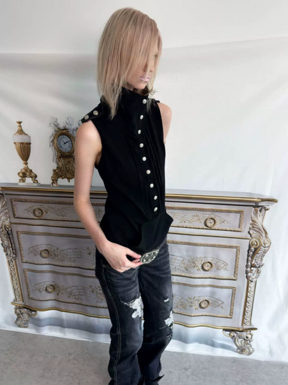 High Neck 2way Metal Buckle Epaulettes Sleeveless Sweatshirt【s0000017166】