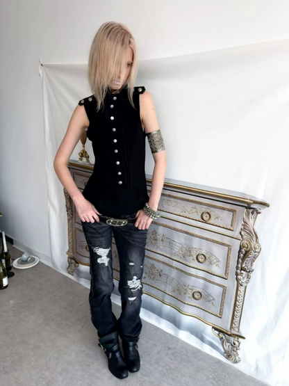 High Neck 2way Metal Buckle Epaulettes Sleeveless Sweatshirt【s0000017166】