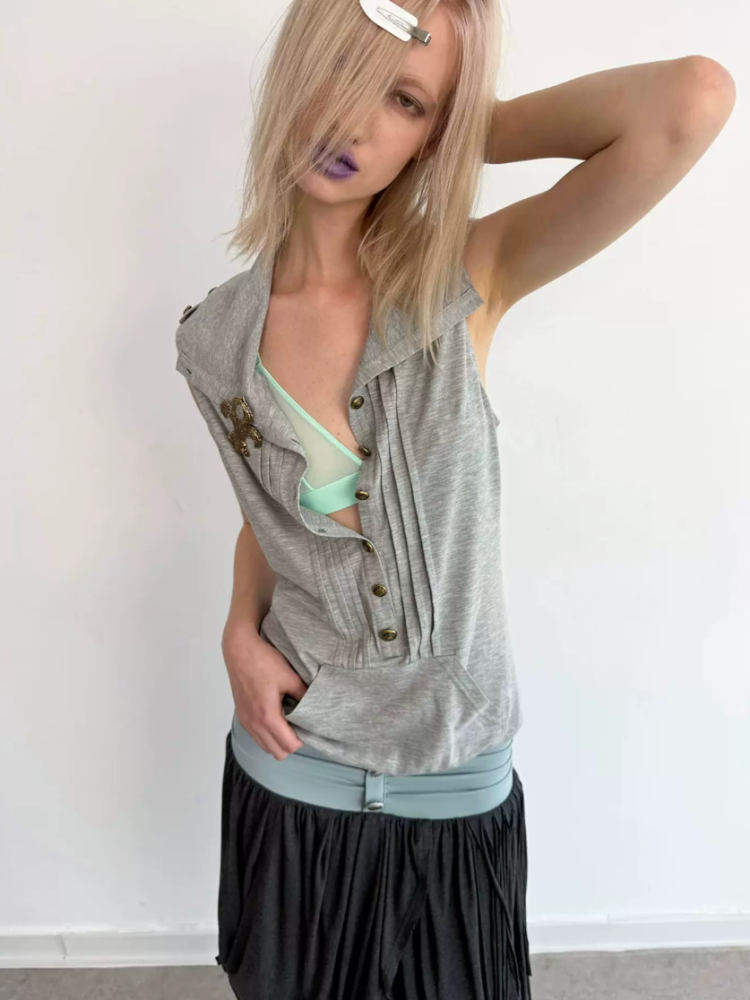 High Neck 2way Metal Buckle Epaulettes Sleeveless Sweatshirt【s0000017166】