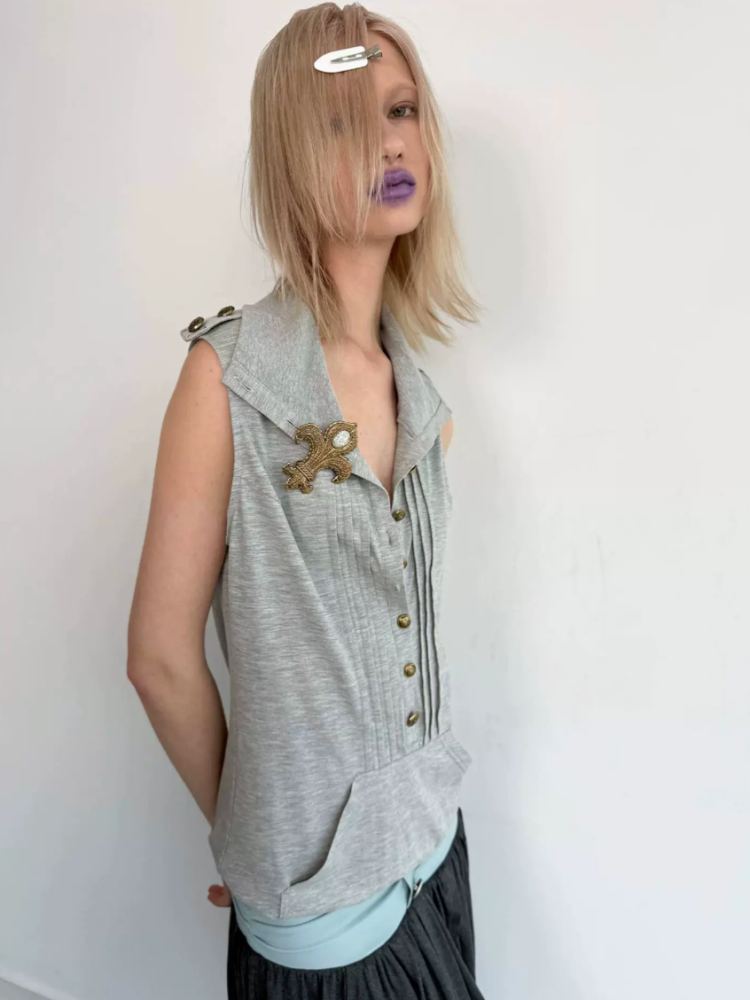 High Neck 2way Metal Buckle Epaulettes Sleeveless Sweatshirt【s0000017166】