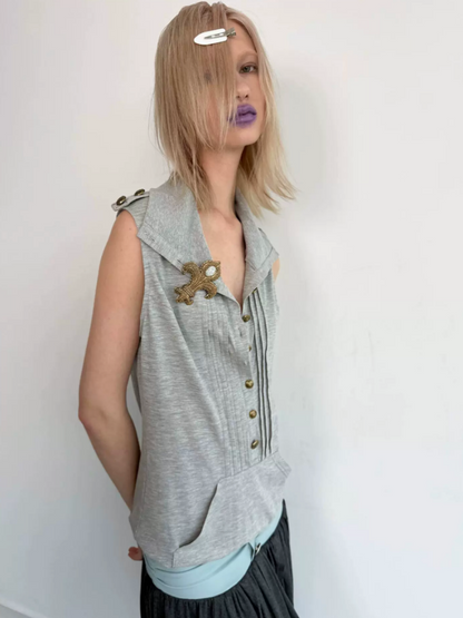 High Neck 2way Metal Buckle Epaulettes Sleeveless Sweatshirt【s0000017166】