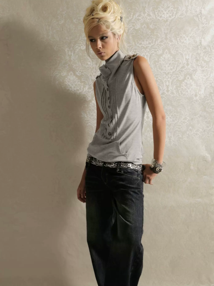 High Neck 2way Metal Buckle Epaulettes Sleeveless Sweatshirt【s0000017166】