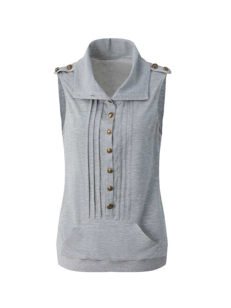 High Neck 2way Metal Buckle Epaulettes Sleeveless Sweatshirt【s0000017166】