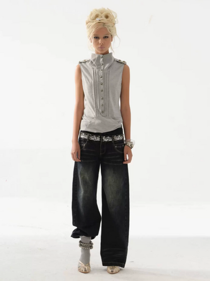 High Neck 2way Metal Buckle Epaulettes Sleeveless Sweatshirt【s0000017166】