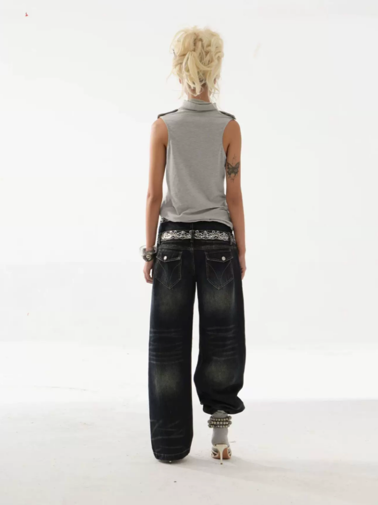 High Neck 2way Metal Buckle Epaulettes Sleeveless Sweatshirt【s0000017166】