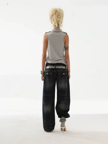 High Neck 2way Metal Buckle Epaulettes Sleeveless Sweatshirt【s0000017166】
