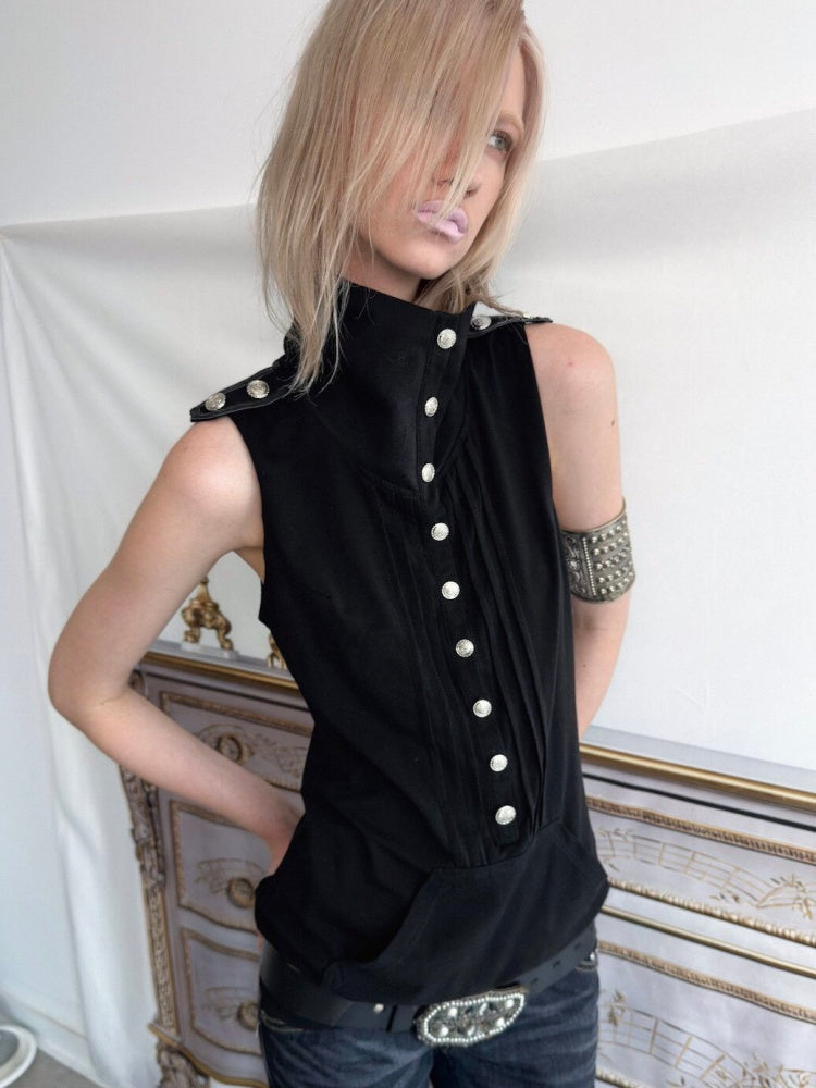 High Neck 2way Metal Buckle Epaulettes Sleeveless Sweatshirt【s0000017166】