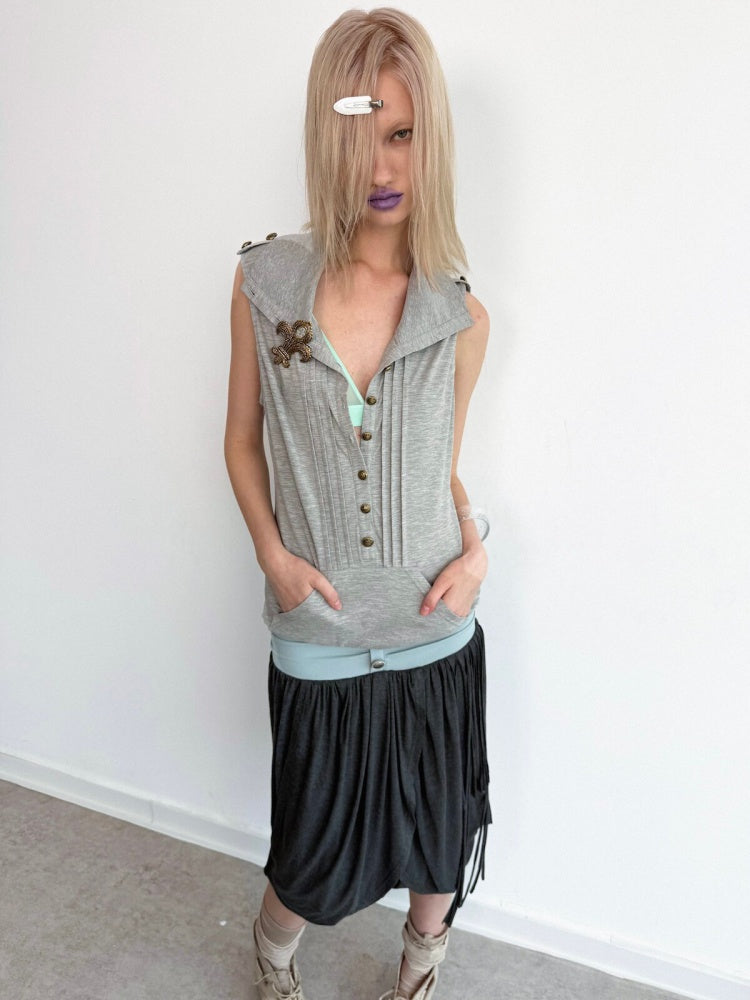 High Neck 2way Metal Buckle Epaulettes Sleeveless Sweatshirt【s0000017166】