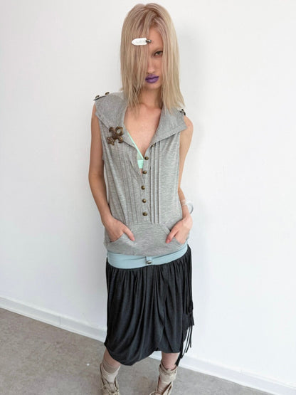 High Neck 2way Metal Buckle Epaulettes Sleeveless Sweatshirt【s0000017166】
