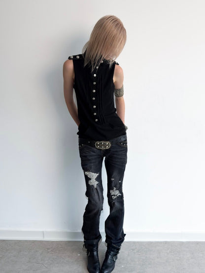 High Neck 2way Metal Buckle Epaulettes Sleeveless Sweatshirt【s0000017166】
