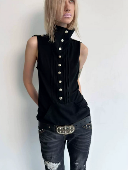 High Neck 2way Metal Buckle Epaulettes Sleeveless Sweatshirt【s0000017166】