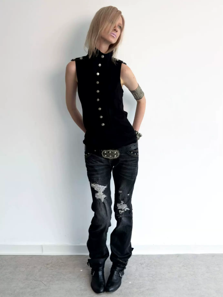 High Neck 2way Metal Buckle Epaulettes Sleeveless Sweatshirt【s0000017166】